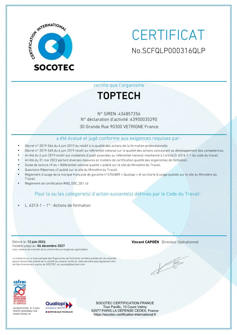 Certificat Qualiopi TOPTECH n° SCFQLP000316QLP du 12 juin 2026